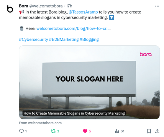 Screenshot of a tweet on X that contains the hashtags #Cybersecurity #B2BMarketing and #Blogging