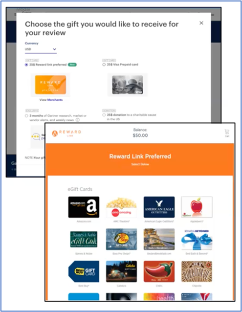 Image from Gartner Peer Insights website showing their reward link gift card process.