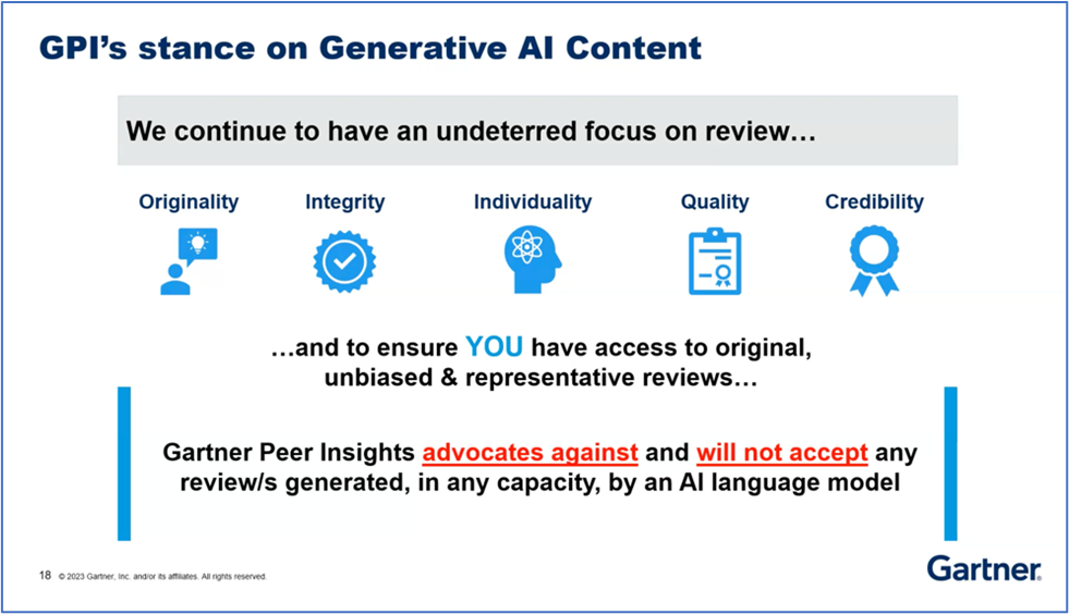 Image from Gartner Peer Insights website showing their stance on Generative AI Content.