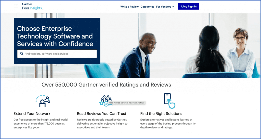 Image from Gartner Peer Insights website showing they have had over 550,000 Gartner-verified ratings and reviews.