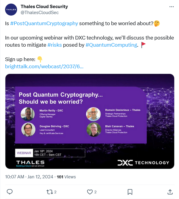 Screenshot of a tweet on X that contains the hashtags #PostQuantumComputing #risks and #QuantumComputing