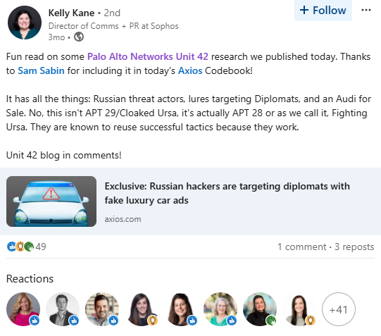 A social media post illustrating employee advocacy from Palo Alto Networks.